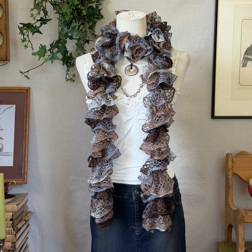 Brown Gray Colorblock Open Knit Scarf Ruffle Whimsygoth Boho OS Girly Cute